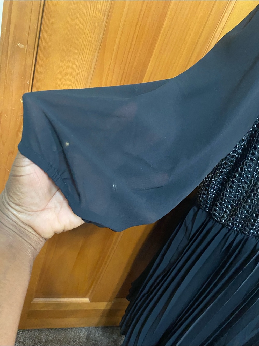 LOVEDROBE Plus Size Black Sheer Pleated Midi Dress with Patterned Bodice - Picture 5 of 7